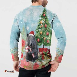 Australia Christmas Button Sweatshirt Merry Wombat-mas Watercolor Style