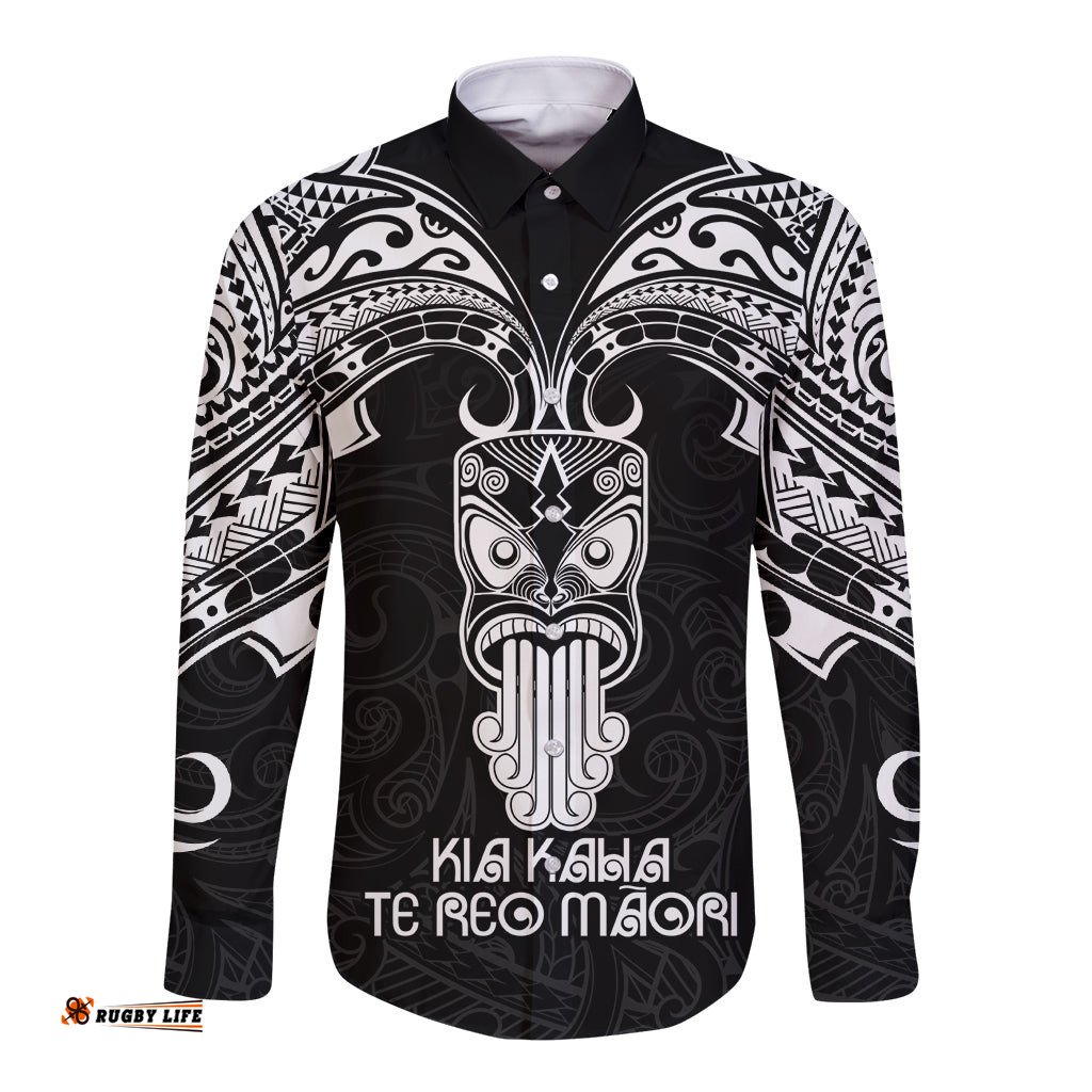Personalised New Zealand Te Reo Maori Long Sleeve Button Shirt Kia Kaha Maori Language Week Black Style