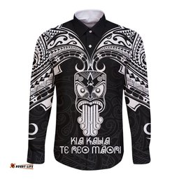 Personalised New Zealand Te Reo Maori Long Sleeve Button Shirt Kia Kaha Maori Language Week Black Style
