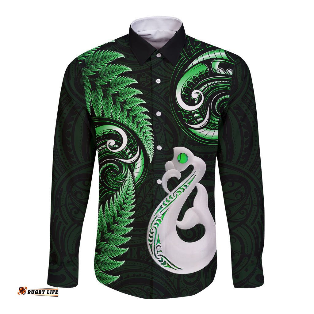 Personalised New Zealand Long Sleeve Button Shirt Aotearoa Silver Fern With Manaia Maori Unique Green