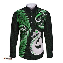 Personalised New Zealand Long Sleeve Button Shirt Aotearoa Silver Fern With Manaia Maori Unique Green