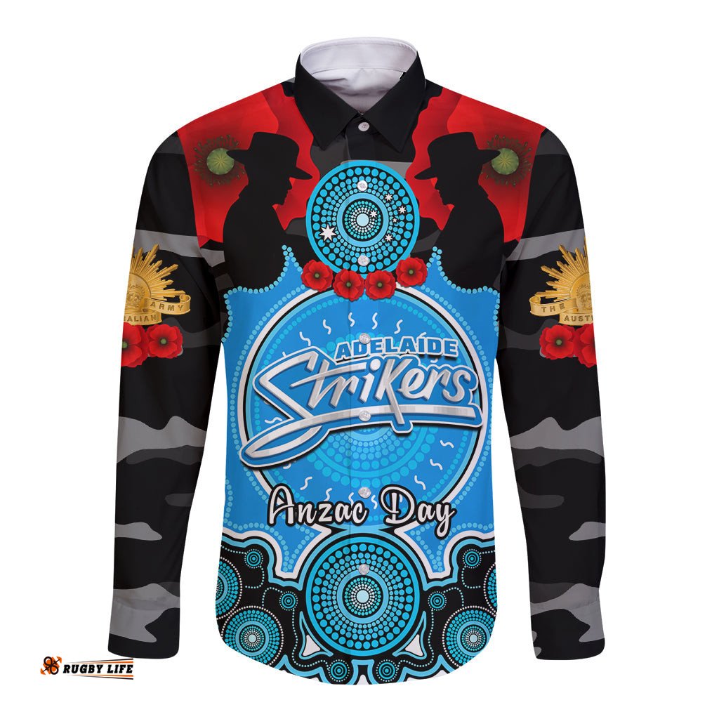 Adelaide Strikers ANZAC 2024 Long Sleeve Button Shirt Lest We Forget Poppy Mix Camouflage