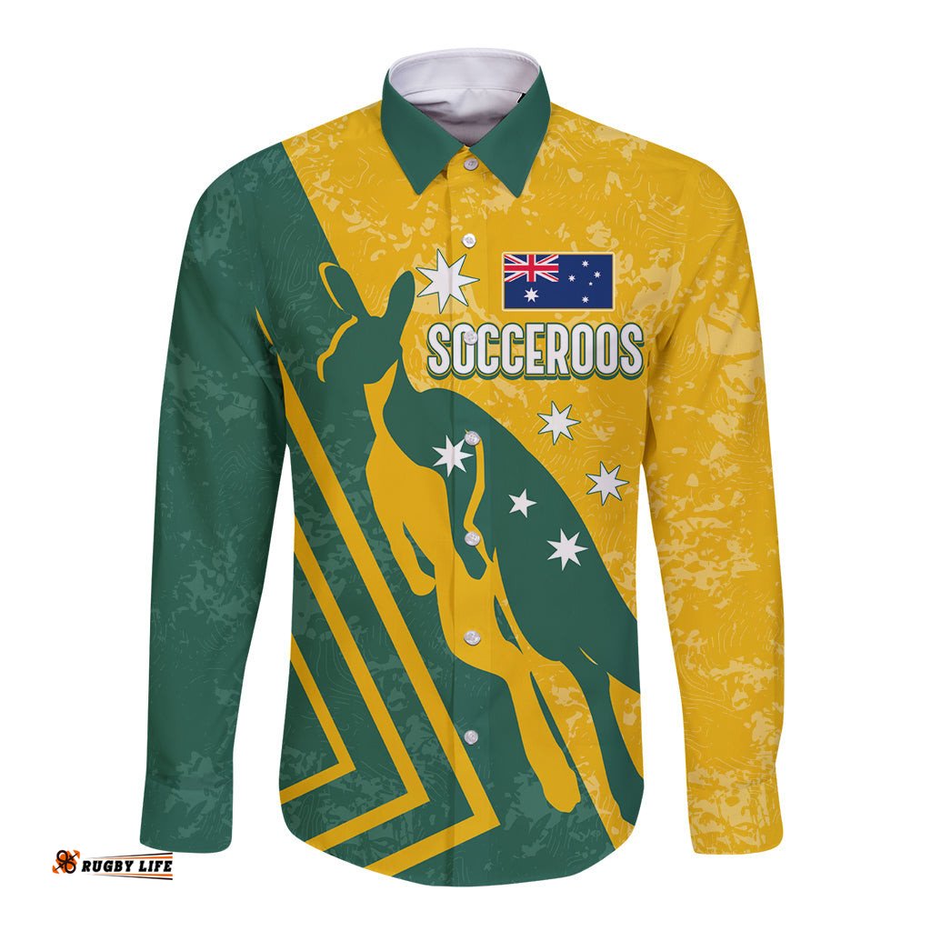Personalised Australia Soccer Long Sleeve Button Shirt Green & Gold Go Socceroos
