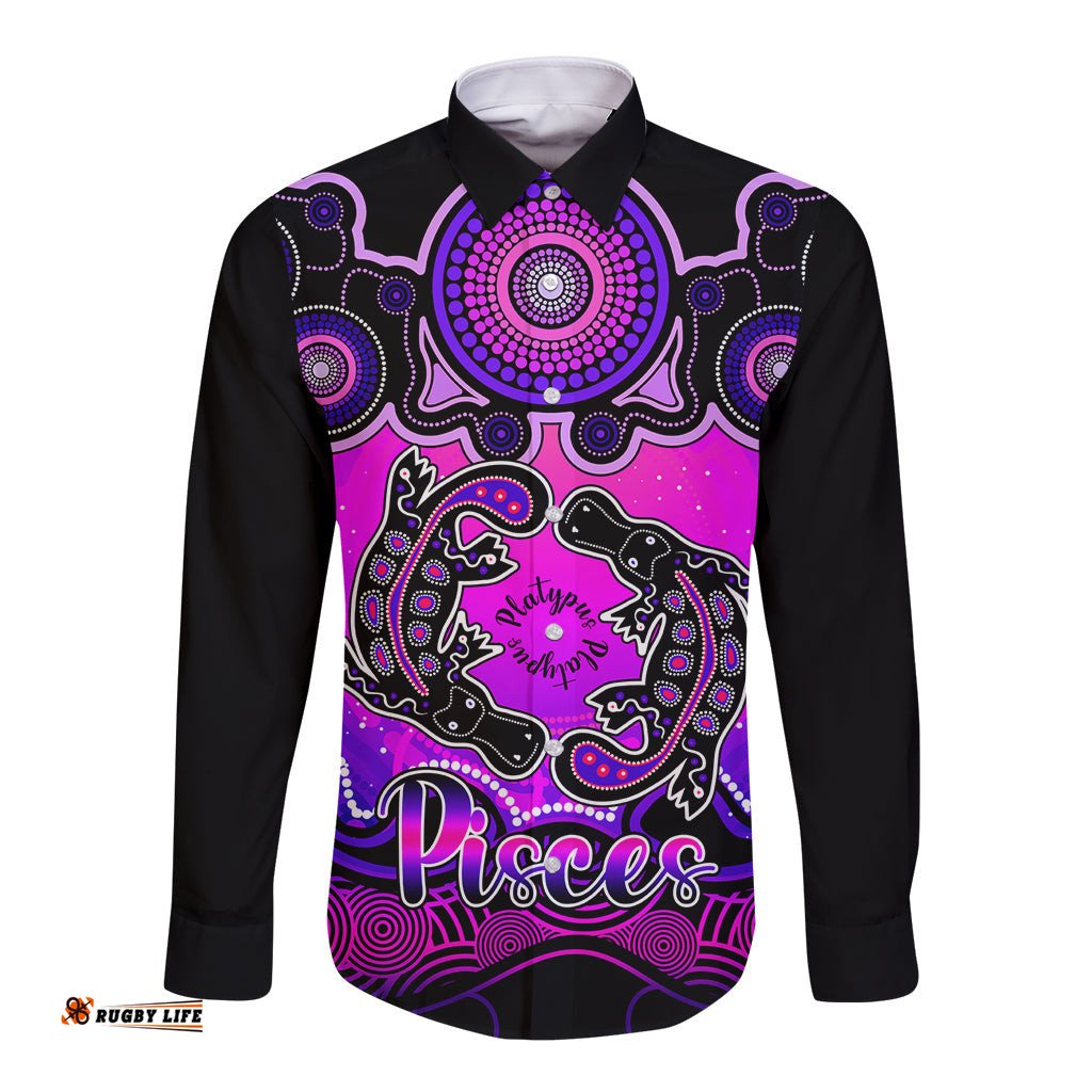 Personalised Australia Pisces Platypus Zodiac Long Sleeve Button Shirt Auz Astrology Aboriginal - Magenta