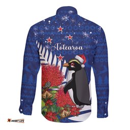 New Zealand Christmas In July Long Sleeve Button Shirt Fiordland Penguin With Pohutukawa Flower
