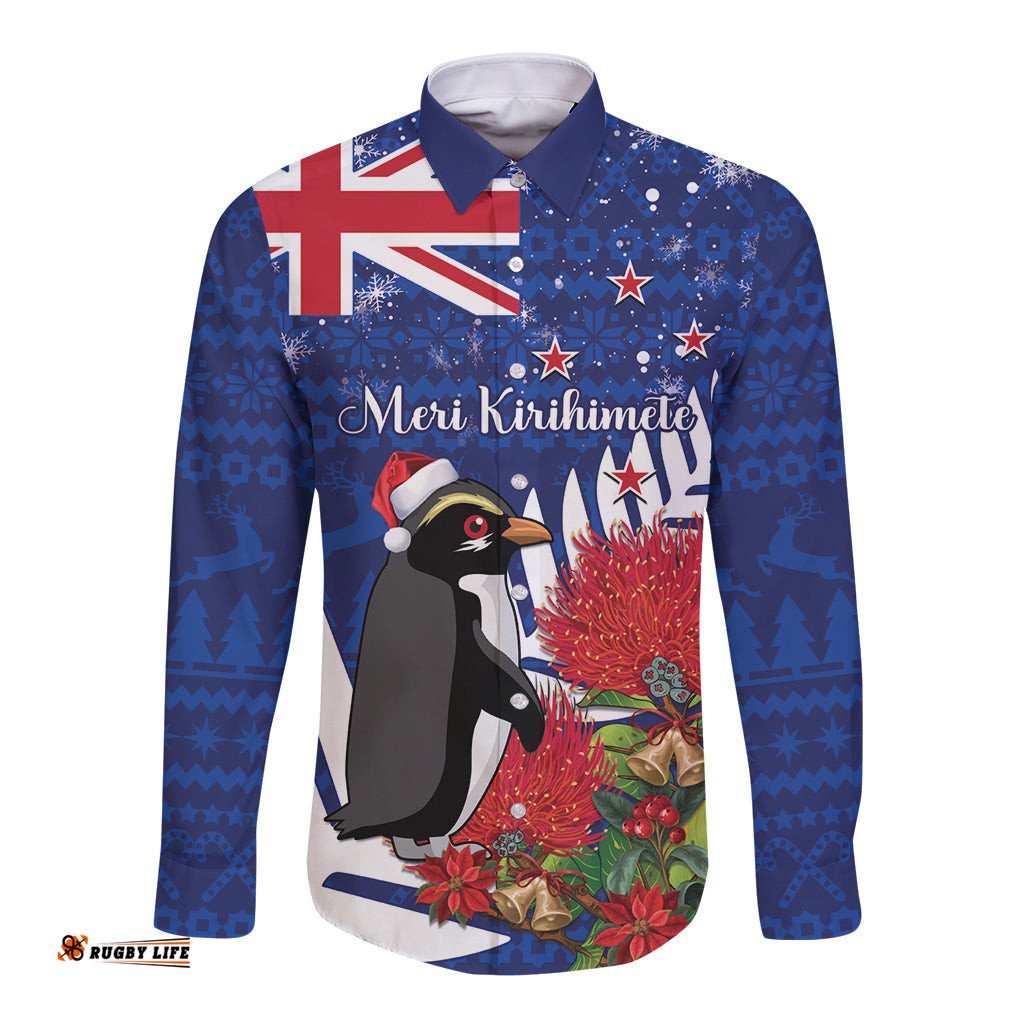 New Zealand Christmas In July Long Sleeve Button Shirt Fiordland Penguin With Pohutukawa Flower