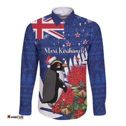 New Zealand Christmas In July Long Sleeve Button Shirt Fiordland Penguin With Pohutukawa Flower