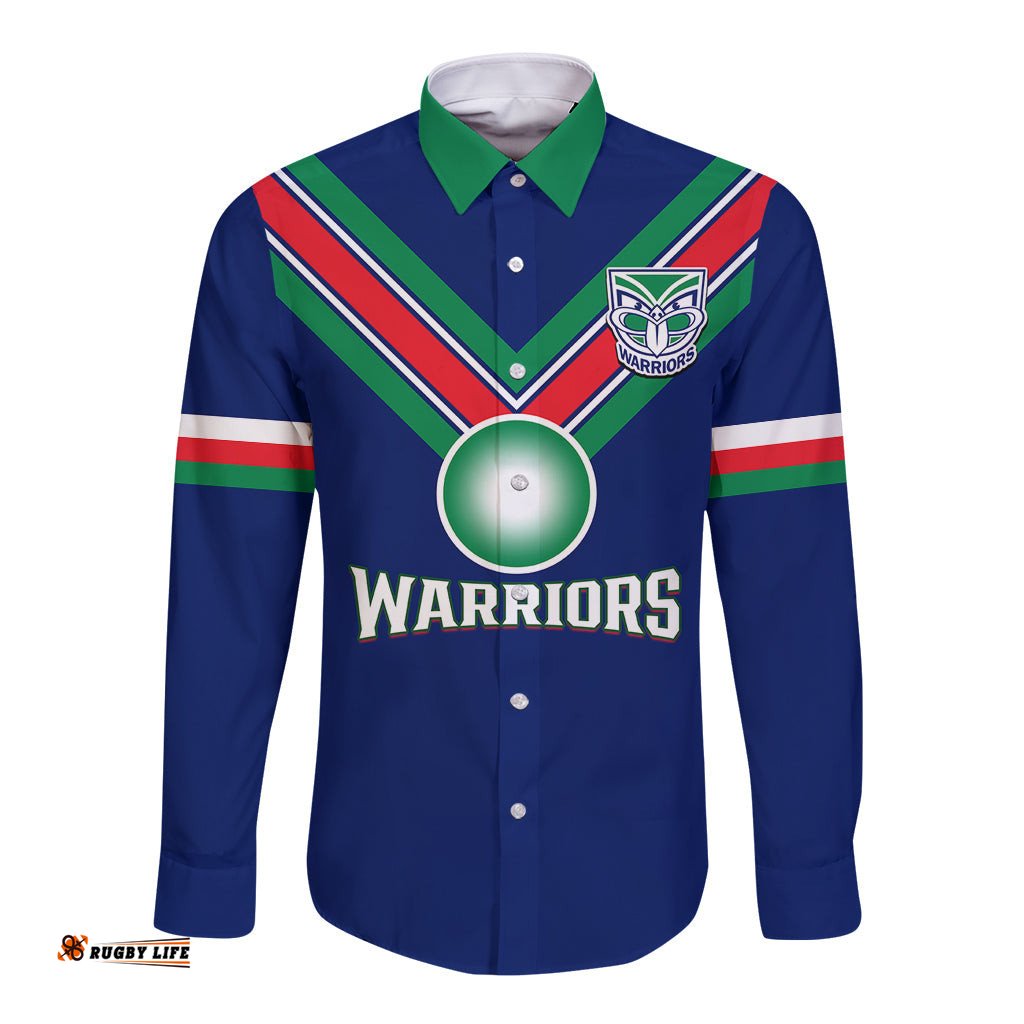 Personalised Warriors Rugby Long Sleeve Button Shirt New Zealand Sporty Blue Style