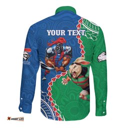 Personalised Rabbitohs And Knights Rugby Long Sleeve Button Shirt Aboriginal Mix Polynesian Pattern