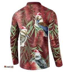 Australia Christmas Button Sweatshirt Kookaburra Santa on Red Bottlebrush