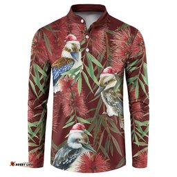 Australia Christmas Button Sweatshirt Kookaburra Santa on Red Bottlebrush