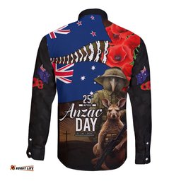 New Zealand and Australia ANZAC Day Long Sleeve Button Shirt National Flag mix Kiwi Bird and Kangaroo Soldier Style