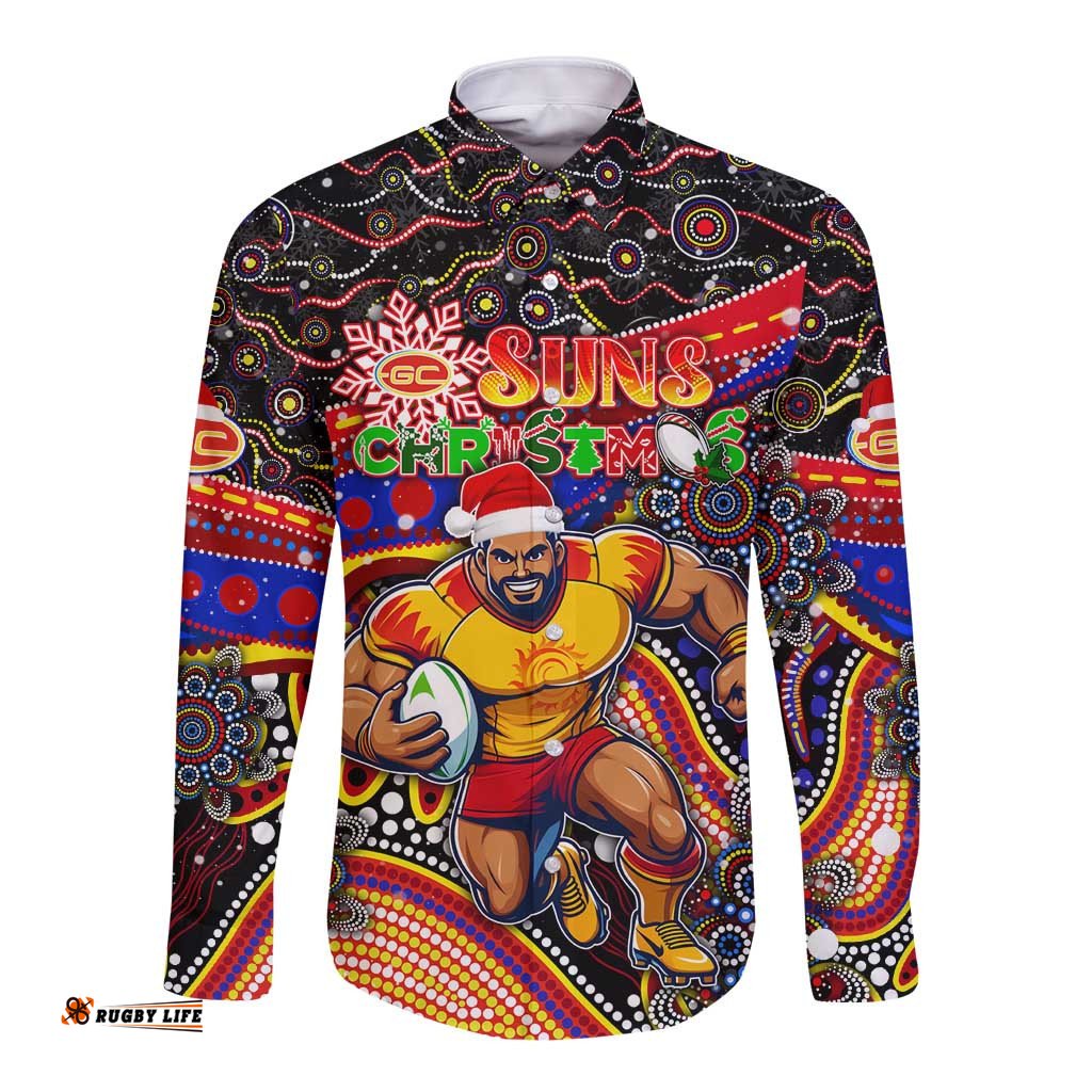 Merry Christmas AFL Gold Coast Suns Long Sleeve Button Shirt Aboriginal Santa Football Mascot