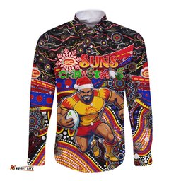 Merry Christmas AFL Gold Coast Suns Long Sleeve Button Shirt Aboriginal Santa Football Mascot