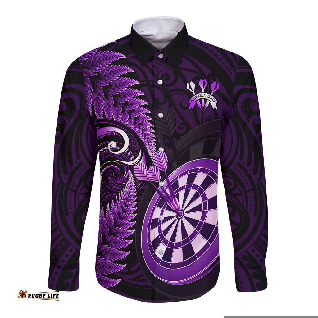 New Zealand Darts Long Sleeve Button Shirt Happiness Is A Tight Threesome Maori Purple
