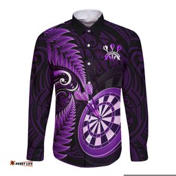 New Zealand Darts Long Sleeve Button Shirt Happiness Is A Tight Threesome Maori Purple