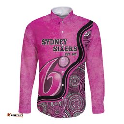 Custom Sydney Sixers Long Sleeve Button Shirt Indigenous Art - Grunge Style