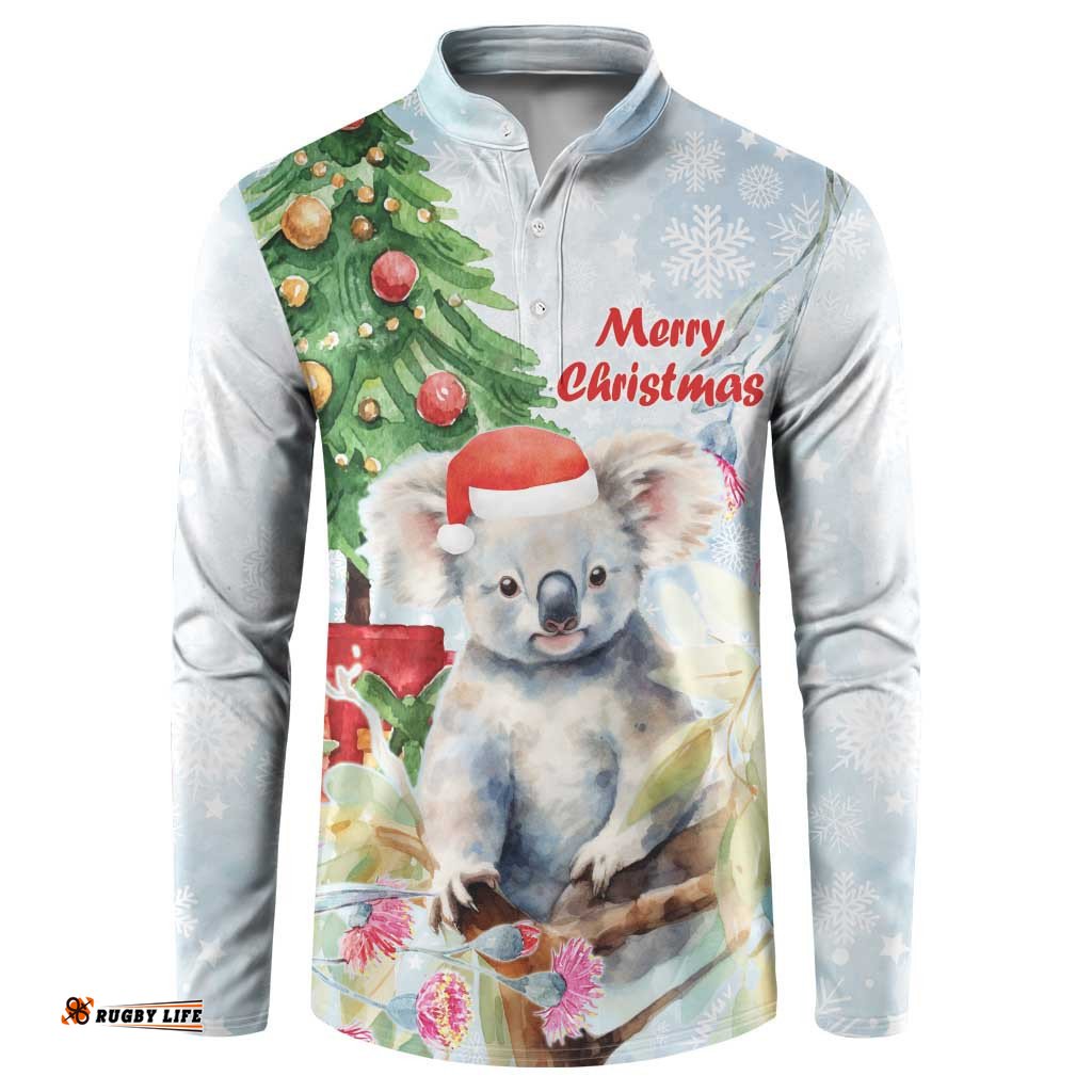 Australia Christmas Button Sweatshirt Koala Santa With Eucalyptus - Watercolor