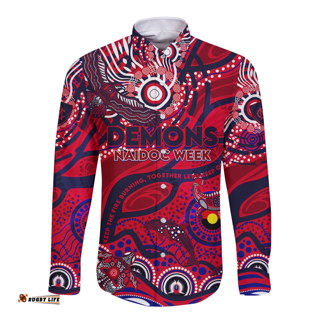 Custom NAIDOC Week 2024 Demons Long Sleeve Button Shirt Aboriginal Animals Keep The Fire Burning