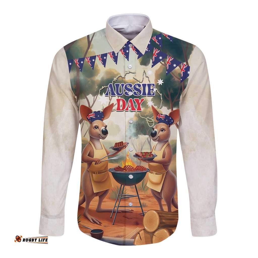 Kangaroos Australia Day Long Sleeve Button Shirt It's Barbecue Time