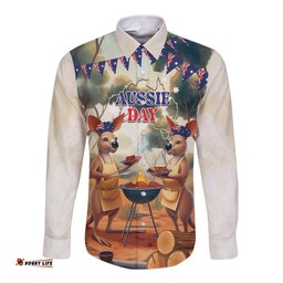 Kangaroos Australia Day Long Sleeve Button Shirt It's Barbecue Time