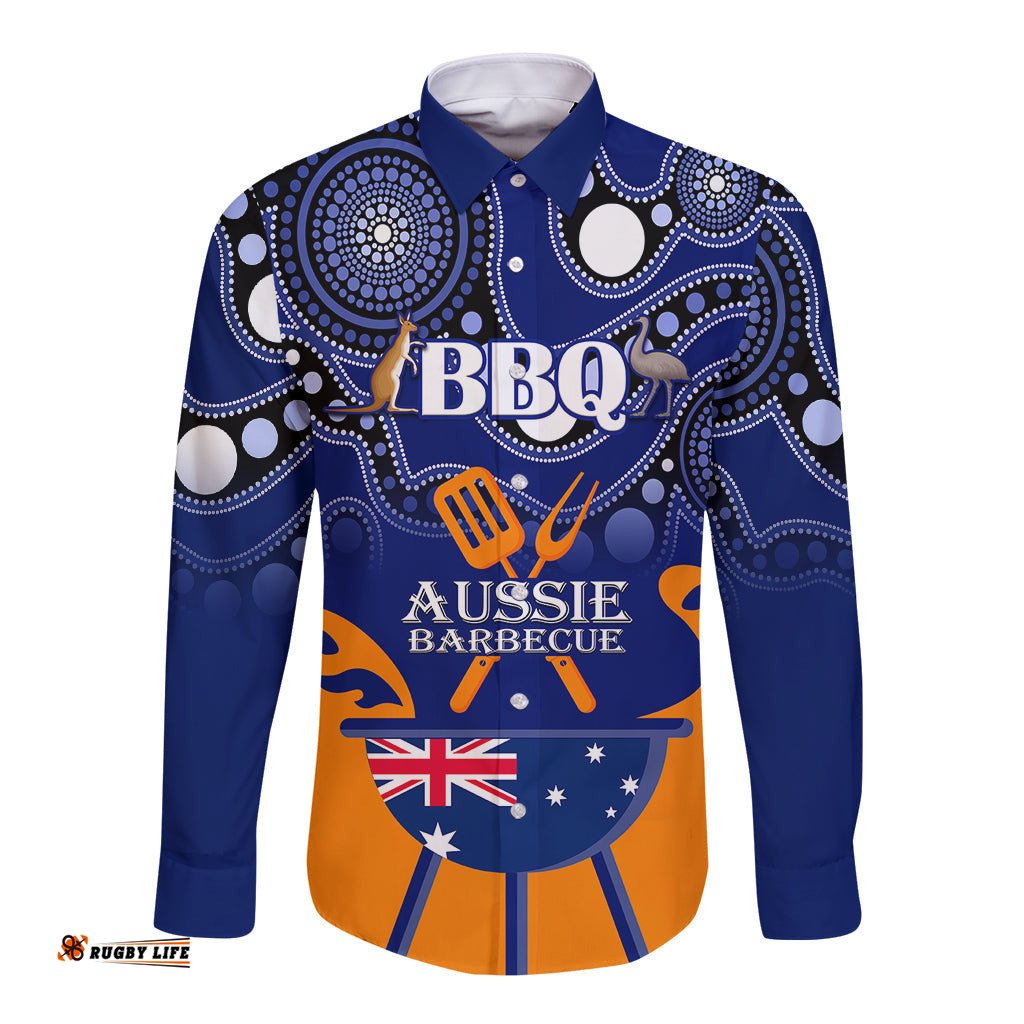 Personalised Australia Barbecue Long Sleeve Button Shirt Aussie Lovers BBQ Indigenous Version