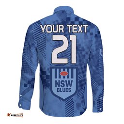 Custom Text And Number NSW Blues Rugby Long Sleeve Button Shirt Origin New South Wales Sporty Style
