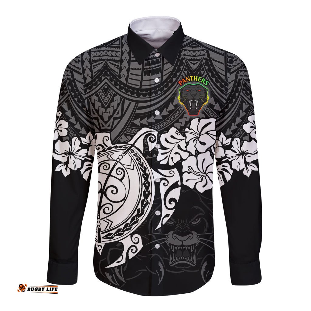 Custom Panthers Rugby Long Sleeve Button Shirt Penrith Hibiscus and Turtle With Polynesian Pattern