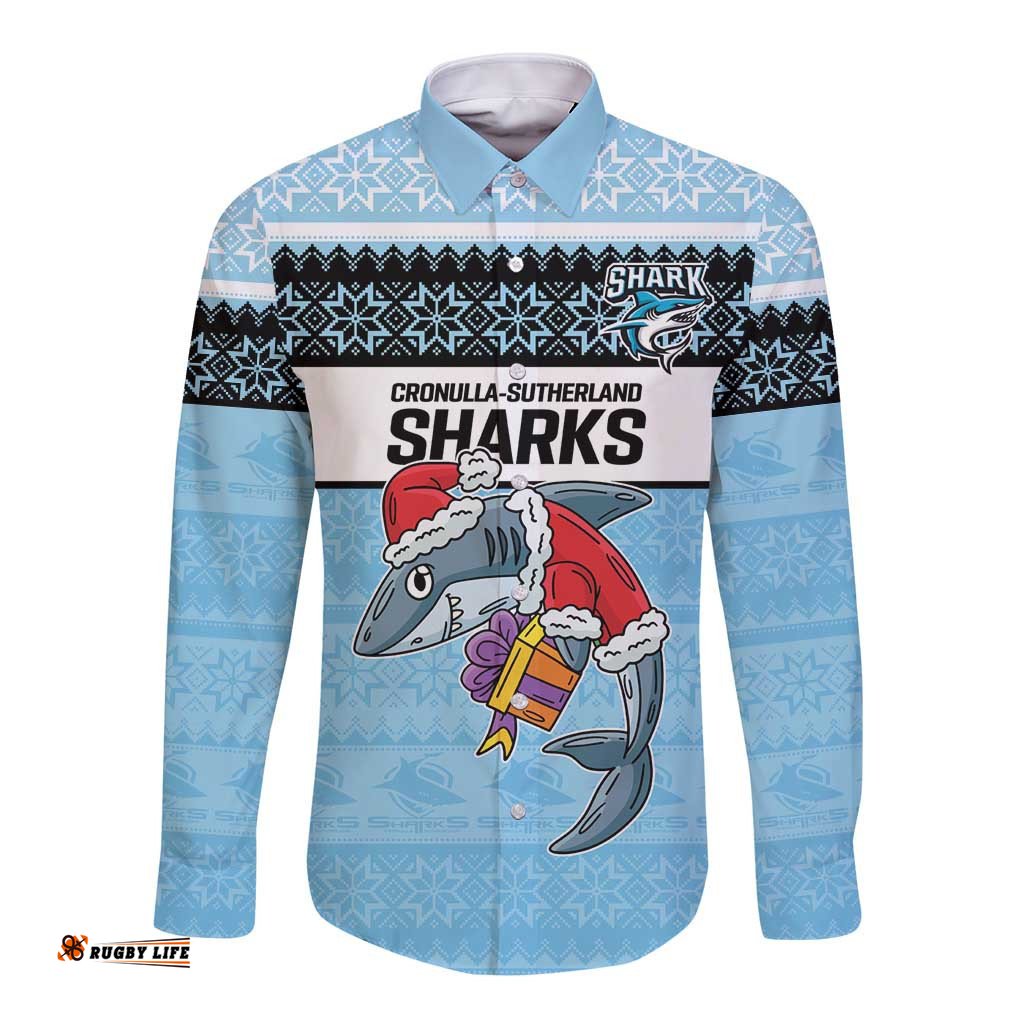 NRL Cronulla-Sutherland Christmas Personalised Long Sleeve Button Shirt with Sharkies Santa
