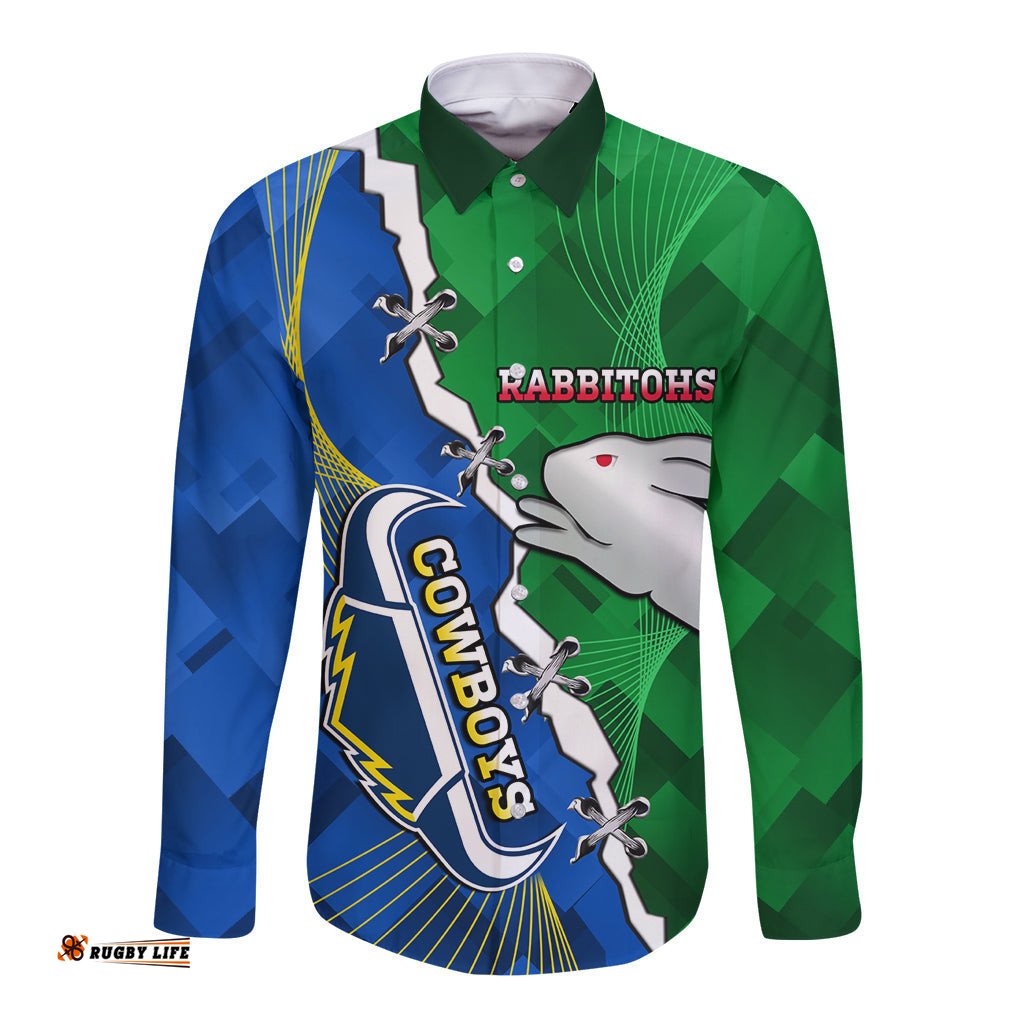 Personalised Rabbitohs And Cowboys Rugby Long Sleeve Button Shirt Dynamic Style