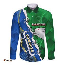 Personalised Rabbitohs And Cowboys Rugby Long Sleeve Button Shirt Dynamic Style