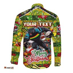 Custom Panthers Rugby Merry Christmas Long Sleeve Button Shirt Indigenous Australian Art