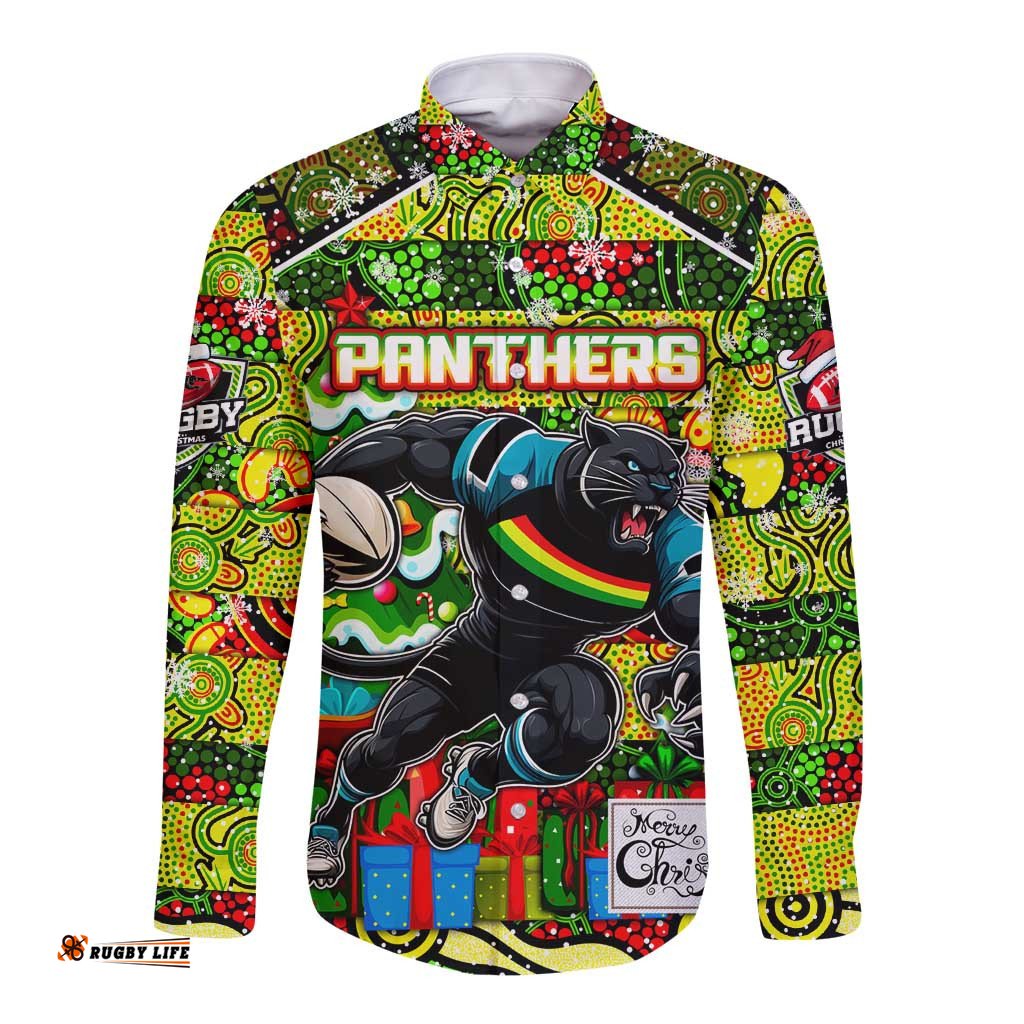 Custom Panthers Rugby Merry Christmas Long Sleeve Button Shirt Indigenous Australian Art