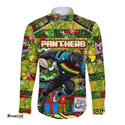 Custom Panthers Rugby Merry Christmas Long Sleeve Button Shirt Indigenous Australian Art