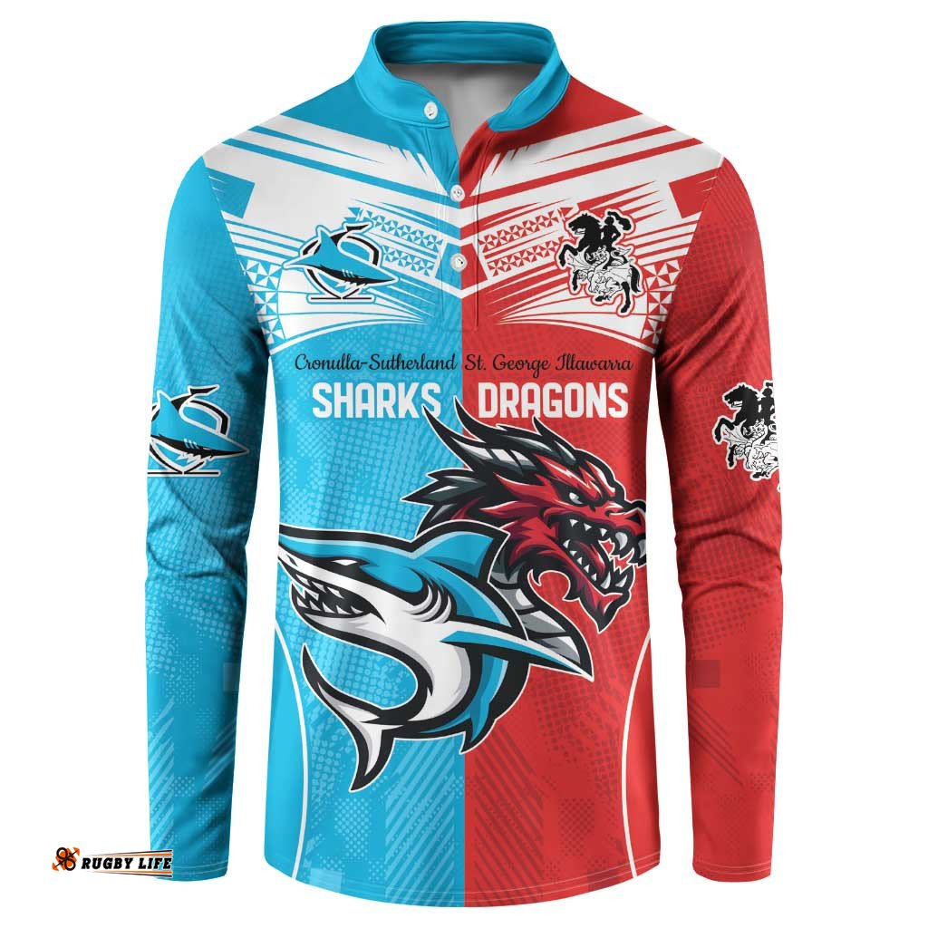 Custom Sharks-Dragons Rugby Button Sweatshirt With Sporty Style