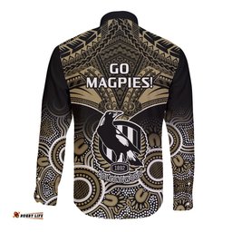 Collingwood Football Long Sleeve Button Shirt Go Magpies Aboriginal Mix Polynesian Pattern