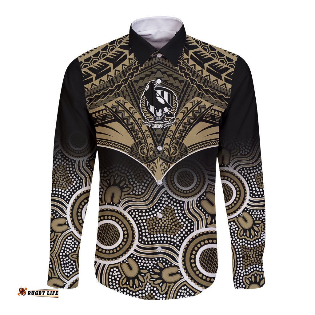 Collingwood Football Long Sleeve Button Shirt Go Magpies Aboriginal Mix Polynesian Pattern