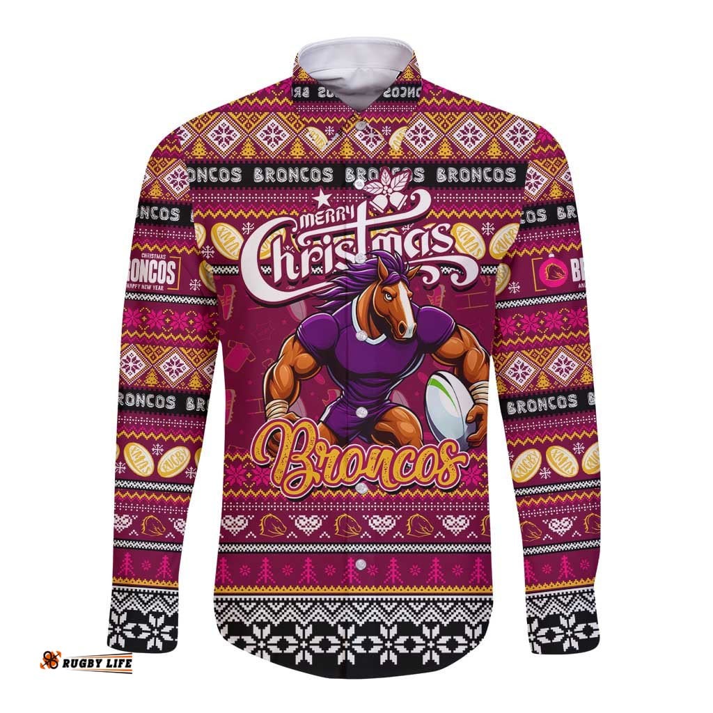 Personalized Broncos Rugby Xmas Long Sleeve Button Shirt Australia NRL Mascot