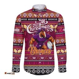 Personalized Broncos Rugby Xmas Long Sleeve Button Shirt Australia NRL Mascot
