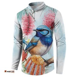 Splendid Fairy-wren Australia Button Sweatshirt Aussie National Flowers - Watercolor Style