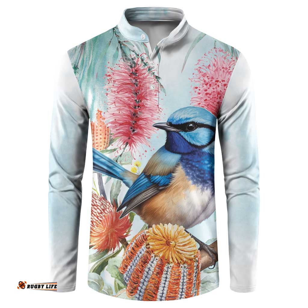 Splendid Fairy-wren Australia Button Sweatshirt Aussie National Flowers - Watercolor Style
