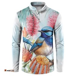 Splendid Fairy-wren Australia Button Sweatshirt Aussie National Flowers - Watercolor Style