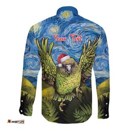 Personalised Jumping Kakapo Christmas Long Sleeve Button Shirt New Zealand Fern - Starry Night Style