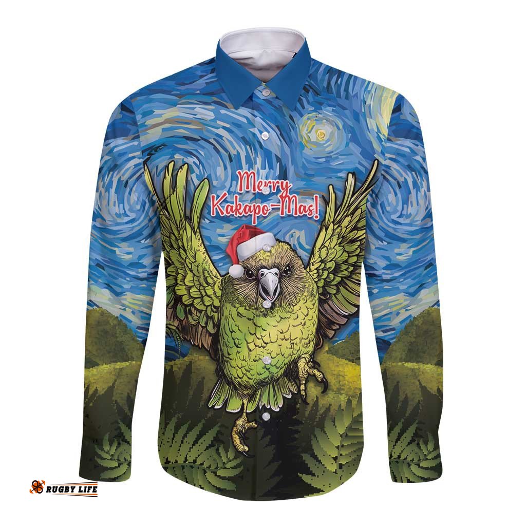 Personalised Jumping Kakapo Christmas Long Sleeve Button Shirt New Zealand Fern - Starry Night Style
