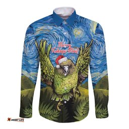 Personalised Jumping Kakapo Christmas Long Sleeve Button Shirt New Zealand Fern - Starry Night Style