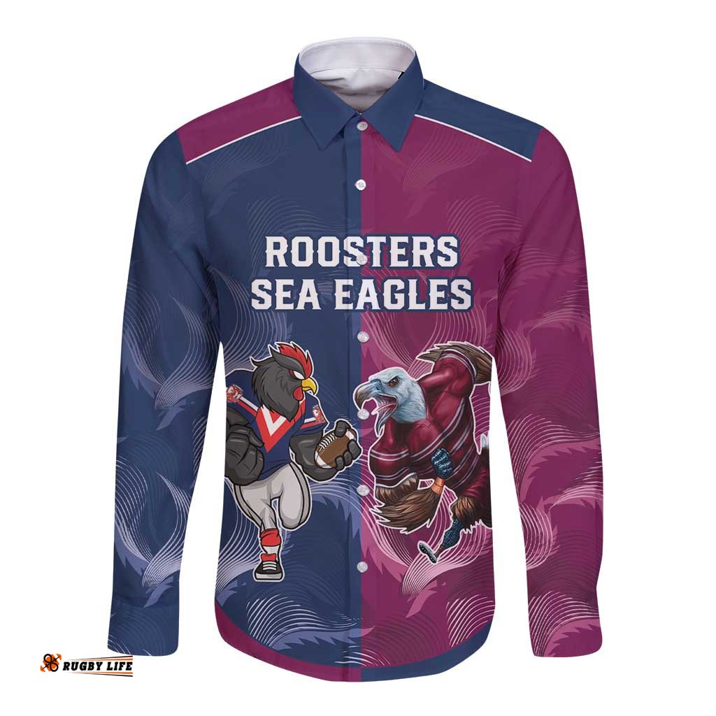 Roosters-Sea Eagles Rugby Custom Long Sleeve Button Shirt Half Grunge Style
