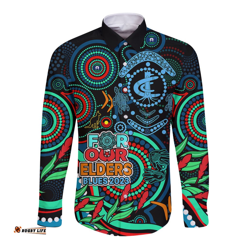 Custom Carlton Blues Football Aboriginal Art Long Sleeve Button Shirt NAIDOC Indigenous Tribal
