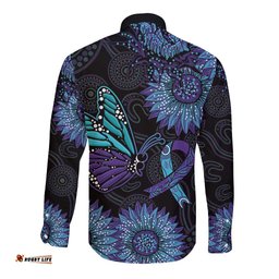 Australia Indigenous Long Sleeve Button Shirt Teal & Purple Sunflower Aboriginal Arts