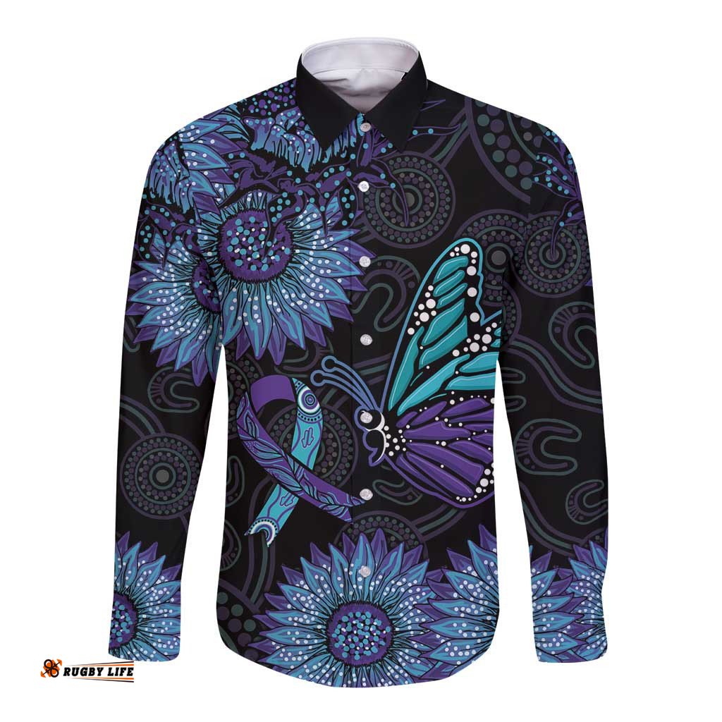 Australia Indigenous Long Sleeve Button Shirt Teal & Purple Sunflower Aboriginal Arts