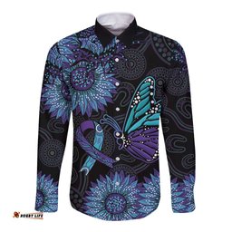 Australia Indigenous Long Sleeve Button Shirt Teal & Purple Sunflower Aboriginal Arts